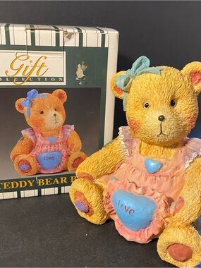 Vintage Teddy Bear Coin Saving Bank Pink Dress Blue Hearts Gift Collection
